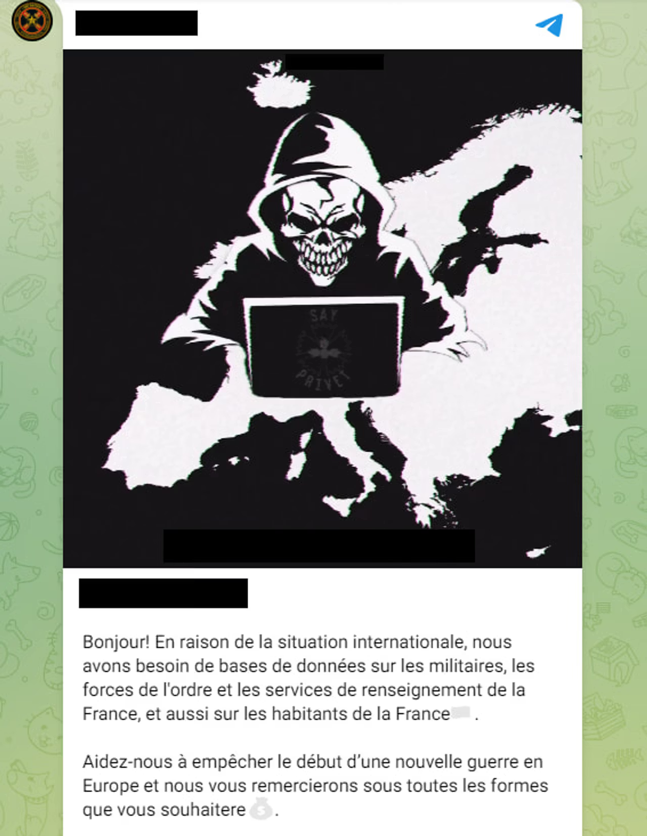 Ce canal lié à Wagner demande aux internautes de dévoiler des informations sur les institutions sécuritaires françaises, le 20 avril 2024 - Telegram // Source : TF1 INFO