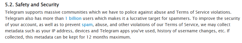Safety and Security, Telegram Privacy Policy